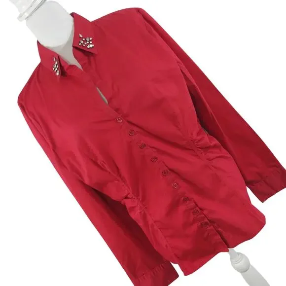 NEW YORK & CO.! ROUGE RED COTTON BLEND JEWELED COLLAR BUTTON FRONT BLOUSE! SZ XL - Picture 1 of 10